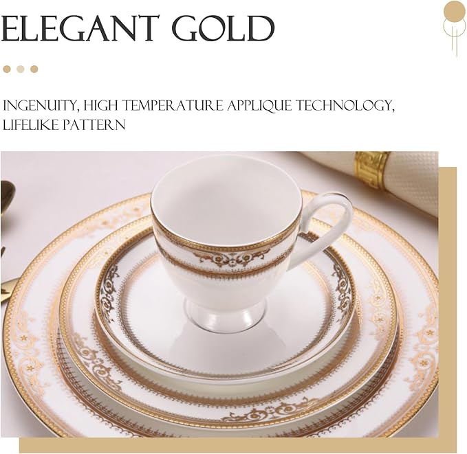 8-piece bone china dinnerware set for 2, gold trim pattern round dinner plates, fine dish set for 2 with coffee cup for dinning, suitable for microwave,oven,dishwasher (dinnerware set for 2 people)