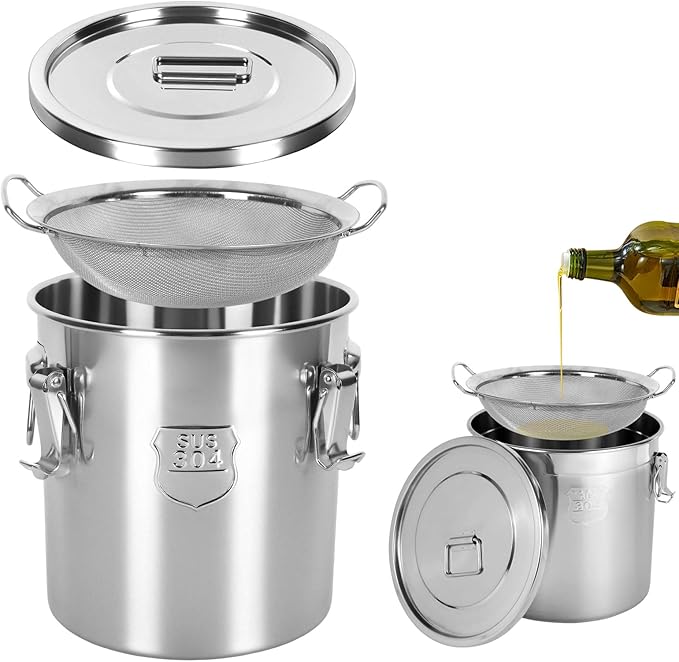5.5 Gal / 21L Cooking Oil Storage Can Commercial Oil Container with Filter & Lid Metal Bucket Food Storage Containers Airtight for Rice Flour Grain Dog Food Coffee Bean, 304 Stainless Steel -Silver