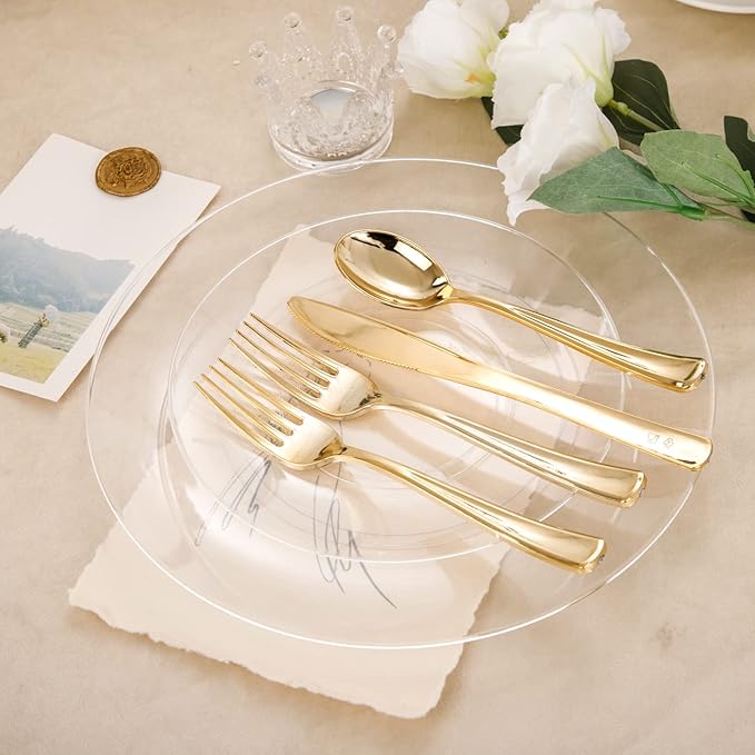 Hioasis 100pcs Clear Plastic Plates for Party - 10.25" Dinner Plates Disposable, Heavy -duty, Classy and Elegant for Weddin