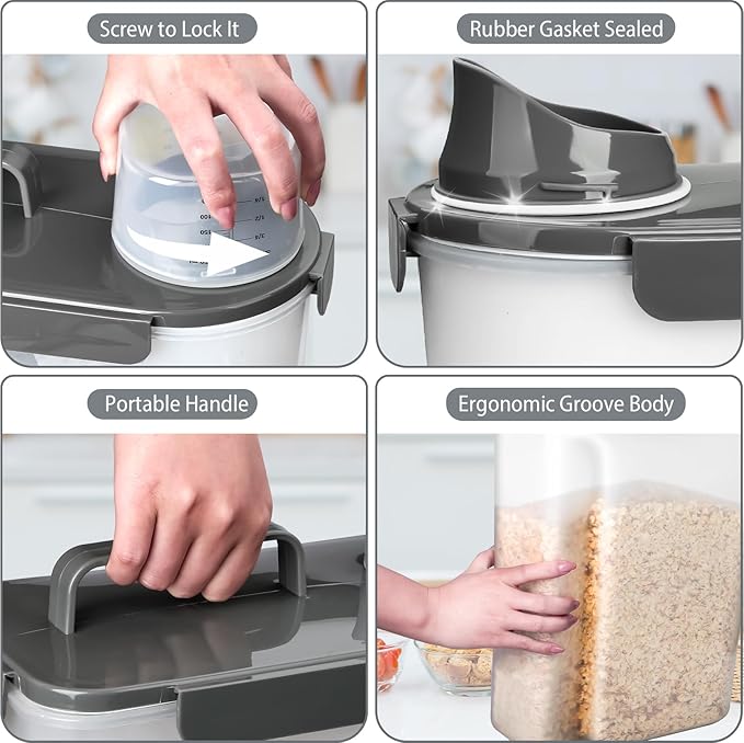 Komzon Rice Storage Containers, Rice dispenser with Pouring Spout Portable Handle for Flour, Pasta, Grain and Baking, Pet Dog Cat Bird Food Container 20 LB Grey