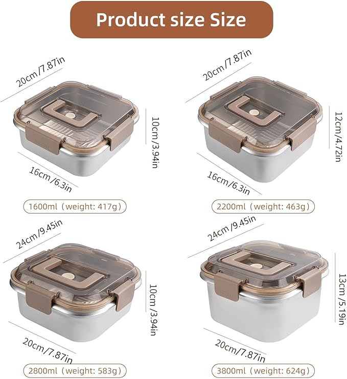 Thickened 304 Stainless Steel Food Storage Containers - Multi-Size, Portable Sealed Lid, Leakproof & Stackable, Microwave/Freezer Safe for Kitchen/Outdoor Use (2200+3800ML)