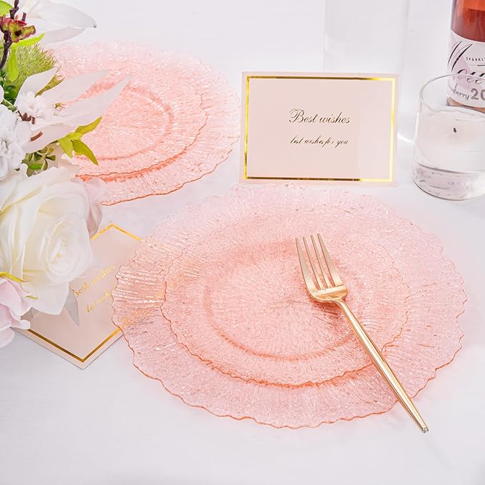 U-QE 60PCS Pink Plates for Party - Pink Plastic Plates Disposable Heavy Duty - Clear Pink Plastic Plates for Mother's Day Including 30 Plastic Dinner Plates 10" & 30 Plastic Dessert Plates 7"