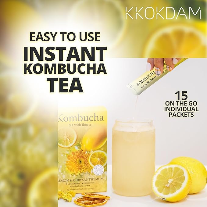 KKOKDAM Kombucha Tea - Lemon & Chrysanthemum Korean Tea - Kombucha Drinks Probiotic Support, Low Calorie, Sugar Free Drink Pack - 15 Kombucha Drink Packs