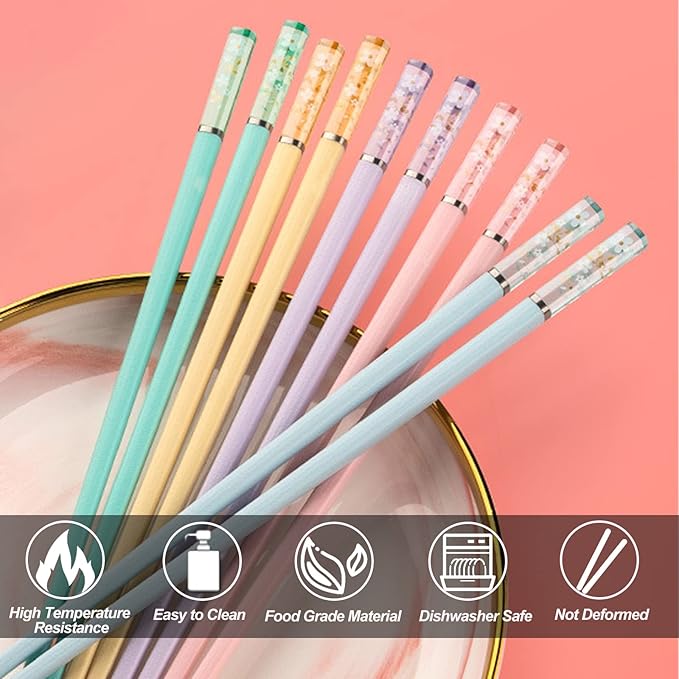 Chopsticks Reusable Dishwasher Safe, Premium Japanese Chinese Korean Non-slip Chopsticks, Lightweight, 9.6 inches - Colorful Sakura Gift Chop sticks, 5 Pairs