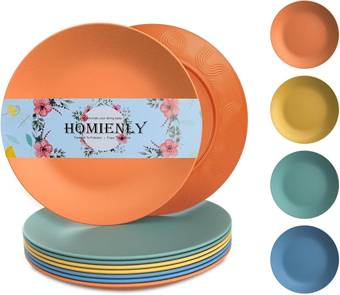 Homienly Wheat Straw Plates Unbreakable Flat Salad Plates Set of 8 Reusable Dinner Plate for Kitchen, Camping, RV, Microwave and Dishwasher Safe Plate Heavy Duty Paper Plates Alternative (Multi, 9in)