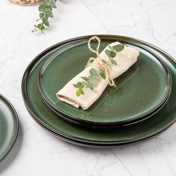 LERATIO Ceramic Plates Set of 6, 8.5 Inch Reactive Glaze Light Weight Porcelain Salad Plates,Modern Shape Dinnerware Dishes Set for Kitchen,Microwave&Dishwasher&Oven Safe,Resistant-Green