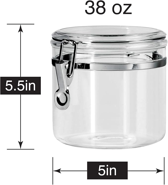 Oggi Clear Canister with Clamp Lid, 38 oz - Large Airtight Food Storage Container, for Kitchen & Pantry Storage of Bulk, Dry Foods Including Pasta, Flour, Sugar, Coffee, Rice, Tea, Spices & Herbs