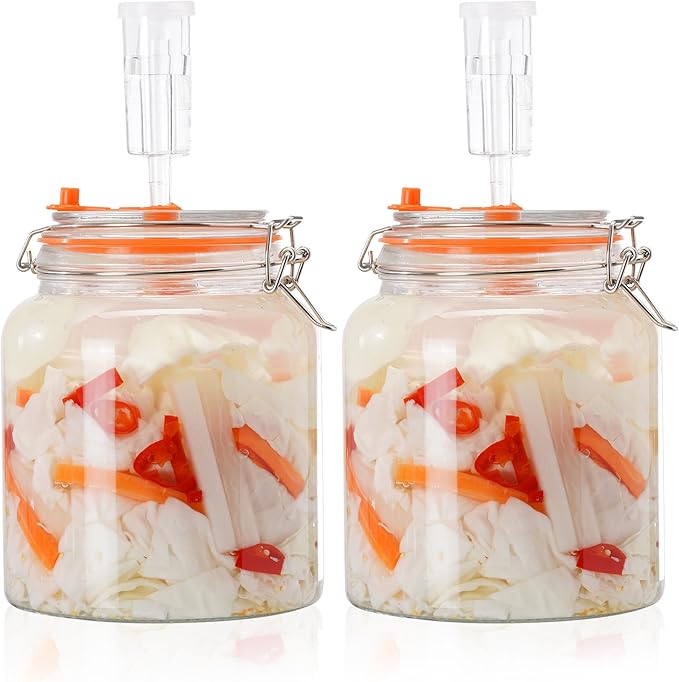 0.6 Gallon Fermentation Jars with Airlocks, 2 Pack Glass Fermenting Kit, Wide Mouth Brewing Jars for Sauerkraut, Kimchi, Kombucha, Pickles & Probiotic Foods, Home Fermentation Starter Kit