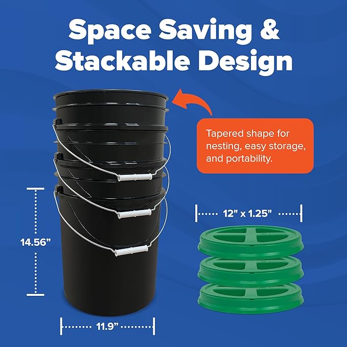 ePackageSupply 5 Gallon Bucket - Food Grade Bucket with Airtight Gamma Seal Screw-On Lid, BPA-Free, Heavy-Duty 90 Mil HDPE Plastic, Bulk Storage, Durable Container, Made in USA, Black/Green, 6 Packs