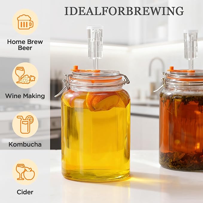 BestYiJo 2PCS 1 Gallon (3.75L) Fermentation Jars with 2 Glass Weights & 2 Airlocks - Ideal for Kombucha, Sauerkraut, Pickles, Sourdough Starter, Kimchi and More