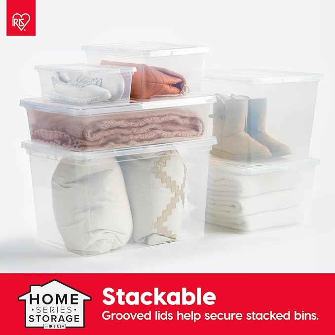 IRIS USA 10-Pack Storage Bins with Lids, 28 Quart, Shoe Boxes Clear Stackable Containers Organize Shoes Closet Shelves, Classroom Organization Teacher Tools, Game Storage - BPA-Free Plastic