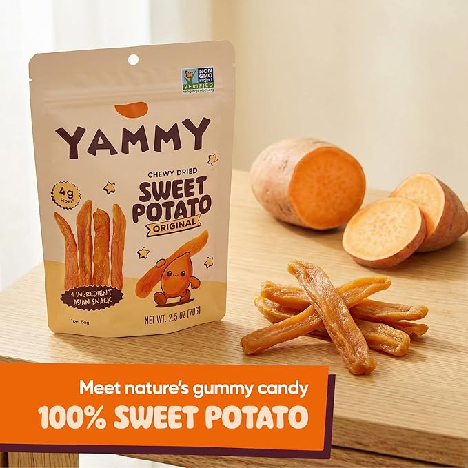Yammy Chewy Dried Sweet Potato Sticks (18-Pack) - 1 Ingredient Healthy Asian Snack (Japanese, Korean, Chinese Super Food) - Nature's Gummy Candy - No Added Sugar, Vegan, Gluten-Free, 4g Fiber, 2.5oz