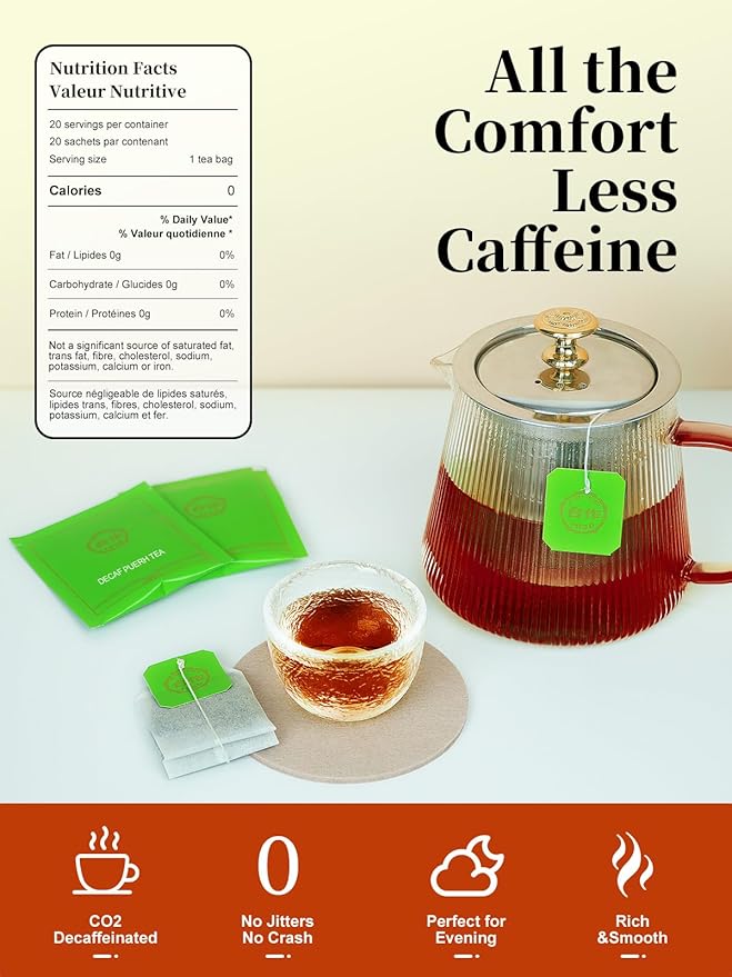 CO-OP 1950 Decaf Pu-erh Tea Bags, Naturally Decaffeinated, Aged Fermented Dark Tea, Smooth & Earthy, Individually Wrapped, 20 Count