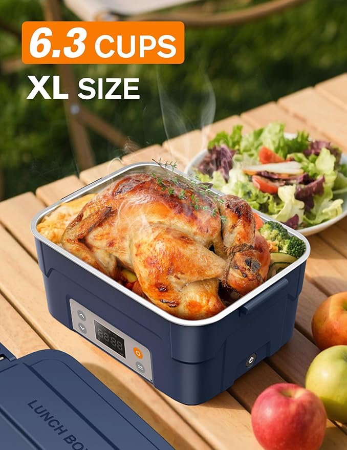 EAST OAK XL 6.3-Cup Cordless Electric Lunch Box for Adults, Heated Lunch Box for Men with Scheduled Heating, Portable Car Food Warmer with Utensils, Two-Tier Bag, Removable Divider