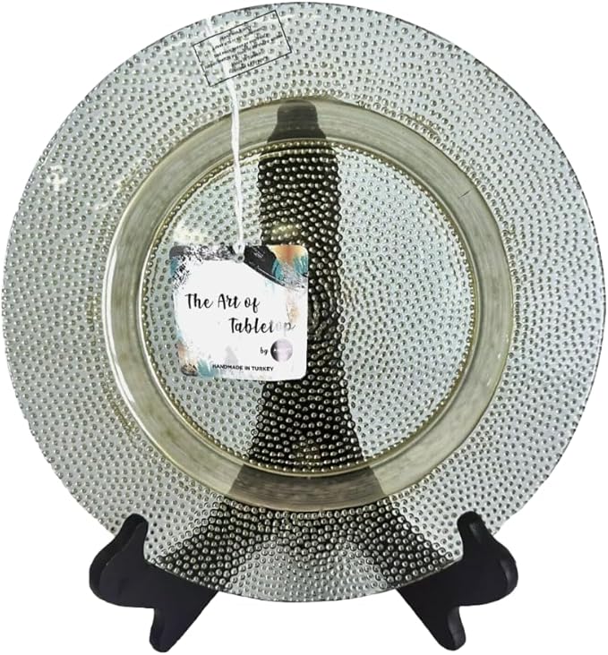 Dinnerware Set of 12 Glass Textured Clear Green Bubble Plates, 4 Chargers (13"), 4 Dinner Plates (11"), 4 Salad Plates (9")