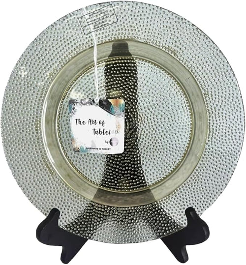Dinnerware Set of 12 Glass Textured Clear Green Bubble Plates, 4 Chargers (13"), 4 Dinner Plates (11"), 4 Salad Plates (9")