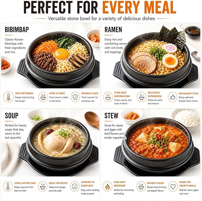 XICHENGSHIDAI Korean Stone Bowl with Tray, Dolsot Bibimbap Bowl, Earthenware Ceramic Hot Pot for Soup, Stew, Rice, Ramen and Ttukbaegi, Oven & Stovetop Safe, Black - 57oz