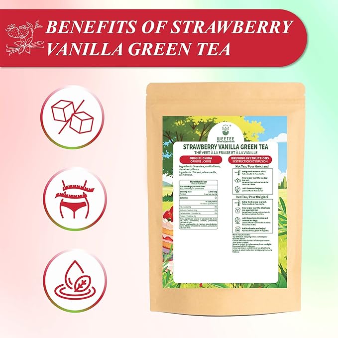 WT WEETEE Strawberry Vanilla Green Tea Bags 100 Count - Smooth & Decadent Dessert-Inspired Blend - Zero Calorie, Rich Antioxidants - Refreshing Iced or Hot