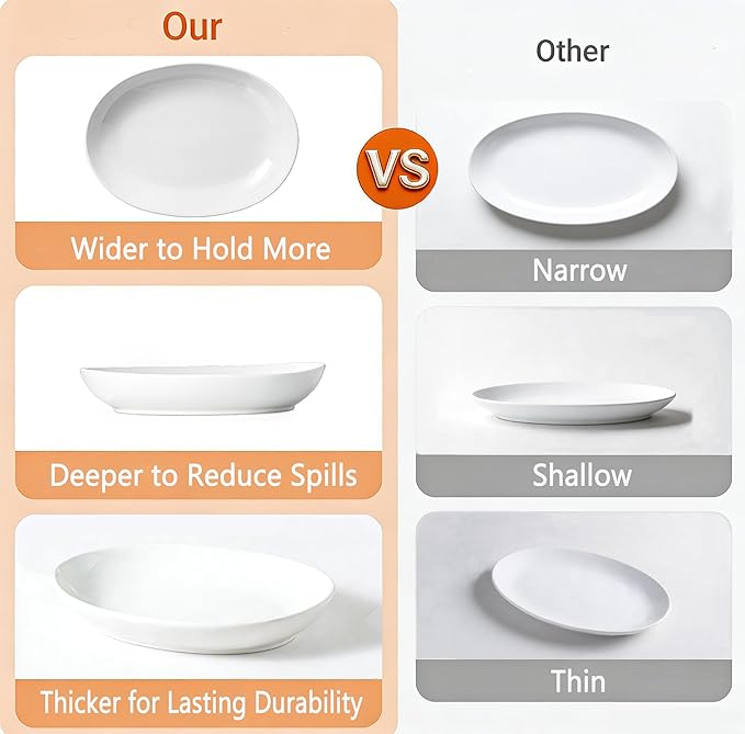 14 Inch Oval Serving Platters Set of 2, Large Wide Ceramic Serving Platter, White Porcelain Serving Trays for Entertaining, Turkey, Steak, Appetizers, Pasta, Salad