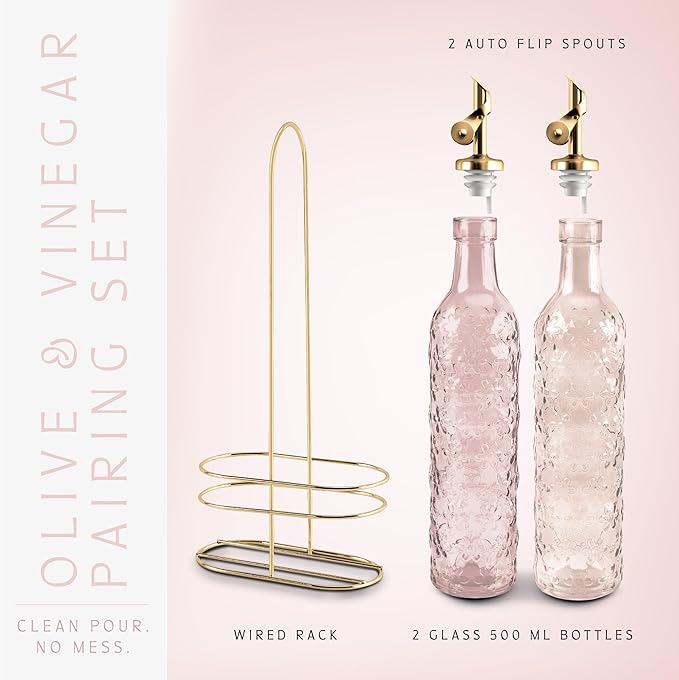 COOK WITH COLOR Glass Olive Oil Bottle Dispenser - 2 Pack- 17oz Oil and Vinegar Cruet - Olive Oil Carafe Decanter for Kitchen, Floral, Pink
