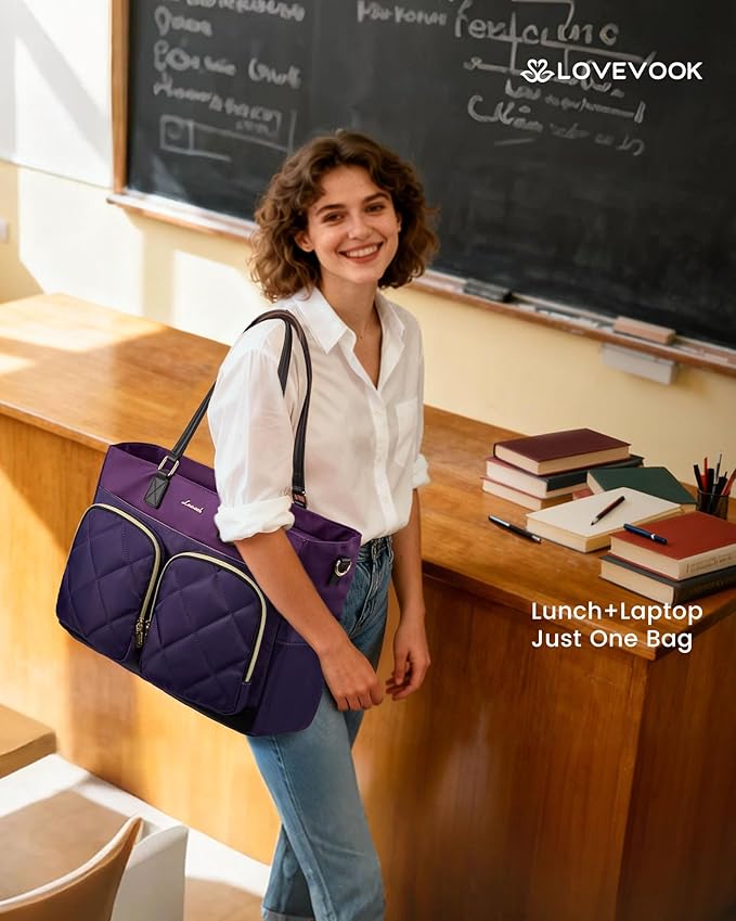 LOVEVOOK Lunch Tote Bag for Women, 2-in-1 Work Bag with Insulated Lunch Compartment, 15.6 Inch Large Capacity Laptop Tote with Cup Holder for Teacher, Nurse, Office, Outdoors, Purple