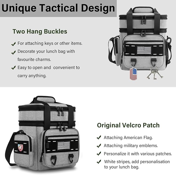 TENKIST Expandable Tactical Lunch Box, Large Insulated Lunch Cooler Bag Heavy Duty Leakproof Lunch Pail for Men Adults Work Office Outdoor Picnic Trips,16L,Grey
