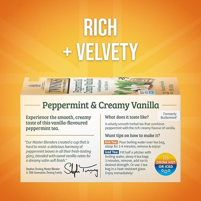Twinings Peppermint & Creamy Vanilla Herbal Tea Individually Wrapped Bags, 20 Count (Pack of 1), Formerly Buttermint, Naturally Caffeine-Free, Enjoy Hot or Iced, 20 Teabags