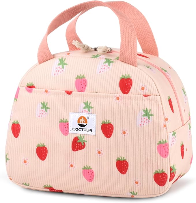 CaCTOUR Lunch Box for Women,Cute Lunch Box Cooler Bag, Portable Insulated Small Lunch Bag Women Reusable Corduroy Lunch Tote for Work/Travel/Picnic (Strawberry)