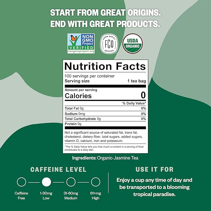 FGO Organic Jasmine Green Tea, 100 Count, Eco-Conscious Tea Bags, Resealable Bag, Packaging May Vary (Pack of 1)