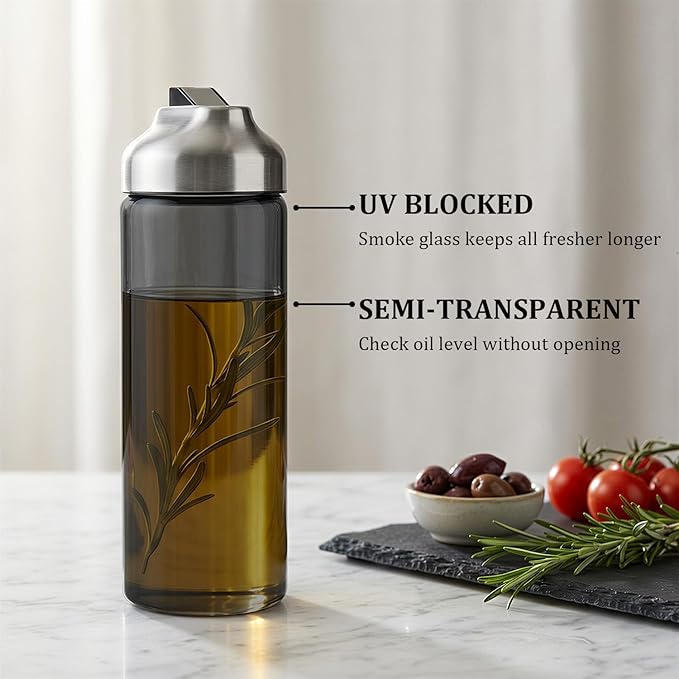 Aelga Olive Oil Dispenser Bottle for Kitchen, 14oz Dark Glass Vinegar Dispenser, Auto Flip Lid, UV-Protected Oil Cruet with Drip-Free Pour Spout