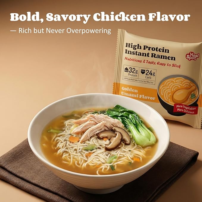 HealSpot High Protein Instant Ramen, 6 Pack Non Fried Ramen Broth, 32g Plant Based Protein, Low Fat, Low Carb, Non GMO, Keto Friendly & Plant Based(Golden-Chicken) | 50% Protein, Keto Friendly, Vegen Friendly, Healthy Quick Meal