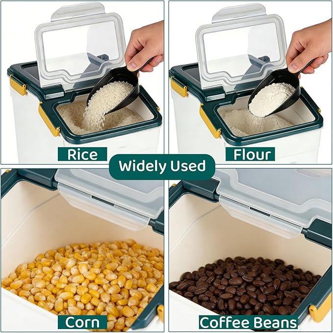Rice Storage Container 25 lbs Large Household Flour Sugar Containers Airtight Grain Cereal Dispenser with Wheels, Locking Lid & Measuring Cup for Kitchen Pantry Organization, 2 Pack(Blue)