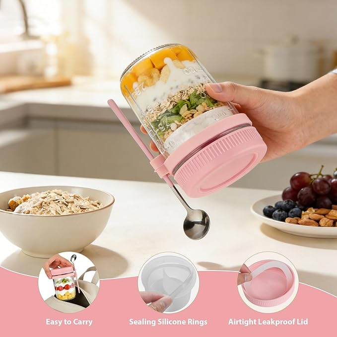 6 Pack Overnight Oats Containers with Lids and Spoon - 16 oz Glass Mason Jars with Separate Compartments Leakproof Chia Pudding Salad Yogurt Parfait Cups for Oatmeal Cereal Meal Prep (Pink)
