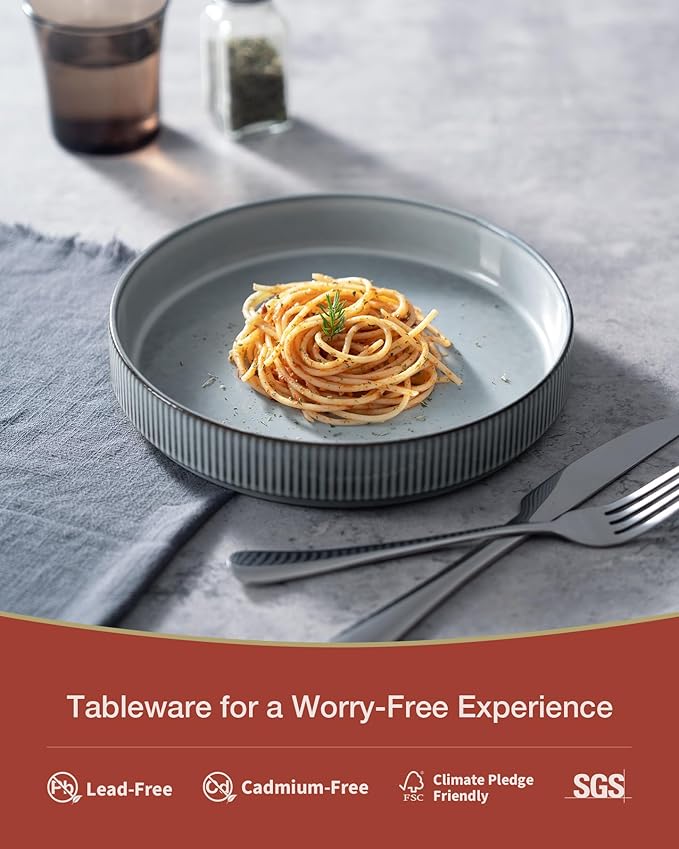 famiware Star 7.5" Pasta Bowls Set, Salad Bowl Set of 8, Double Reactive Glaze, Stackable, Ideal for Your Friend for Housewarming, Festivals, Smoky Blue
