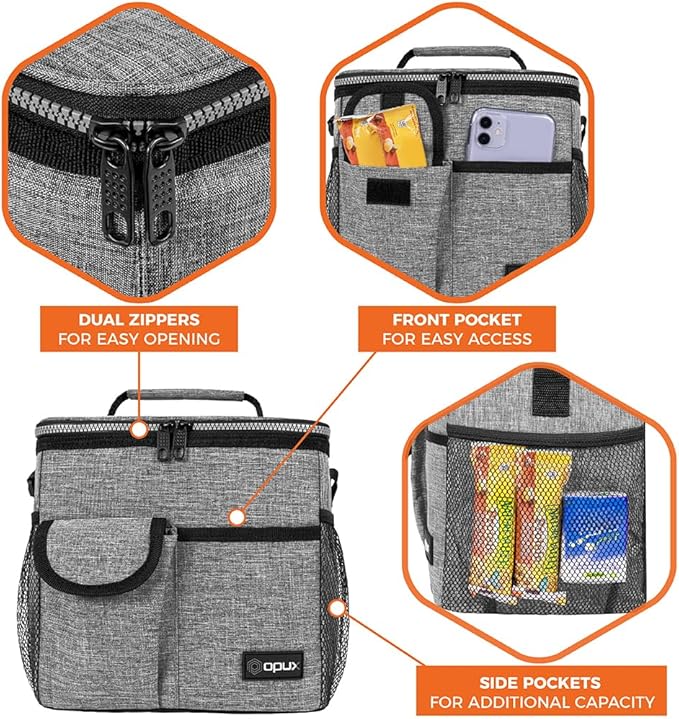 opux Insulated Lunch Box for Men Women Kids, Leakproof Reusable Lunch Bag Cooler for Work School Office, Soft Thermal Lunchbox Tote Shoulder Strap for Boys Girls Adults, Heather Gray, 18 Can/10L