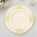 Efavormart 10 Pack | 8" Ivory and Gold Baroque Dessert Plates, Leaf Embossed Metallic Rim Heavy Duty Appetizer Plates for Vintage Shabby Chic Events