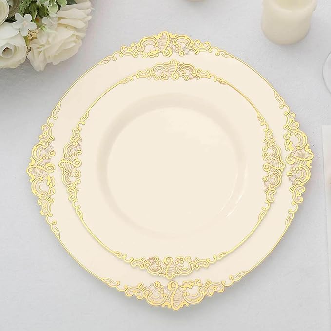 Efavormart 10 Pack | 8" Ivory and Gold Baroque Dessert Plates, Leaf Embossed Metallic Rim Heavy Duty Appetizer Plates for Vintage Shabby Chic Events