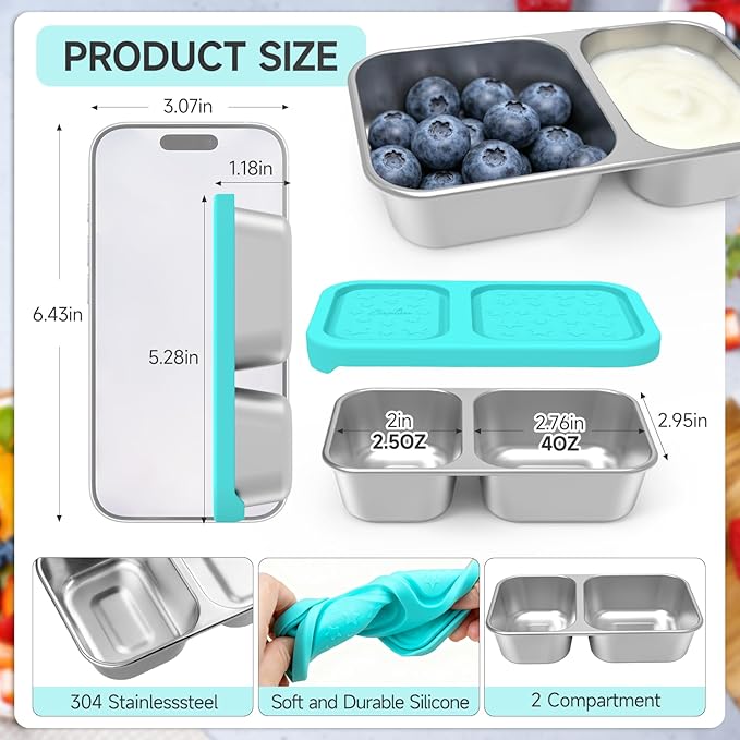 SOPHICO Stainless Steel 2 compartments Containers, Reusable Snack Containers with Silicone Lids Lunch Box for Meal Prep Food Storage On-the-Go Snacking(4 pack)