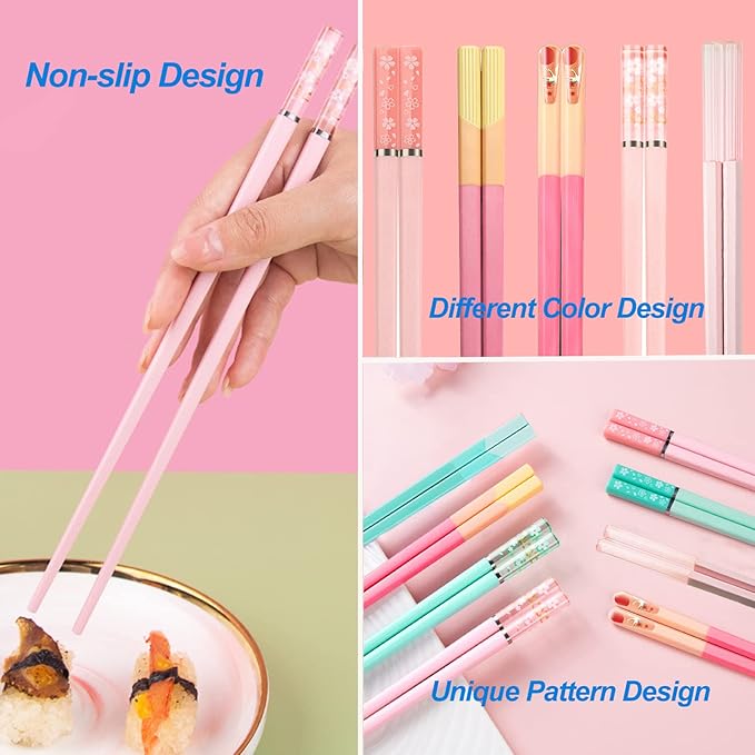 5 Pairs Reusable Chopsticks Dishwasher Safe, Fiberglass Premium Japanese Chines Korean Chopsticks for Sushi Noodles Ramen, Non-slip Chop Sticks, Lightweight, 9.6 inches- Green&Pink-E