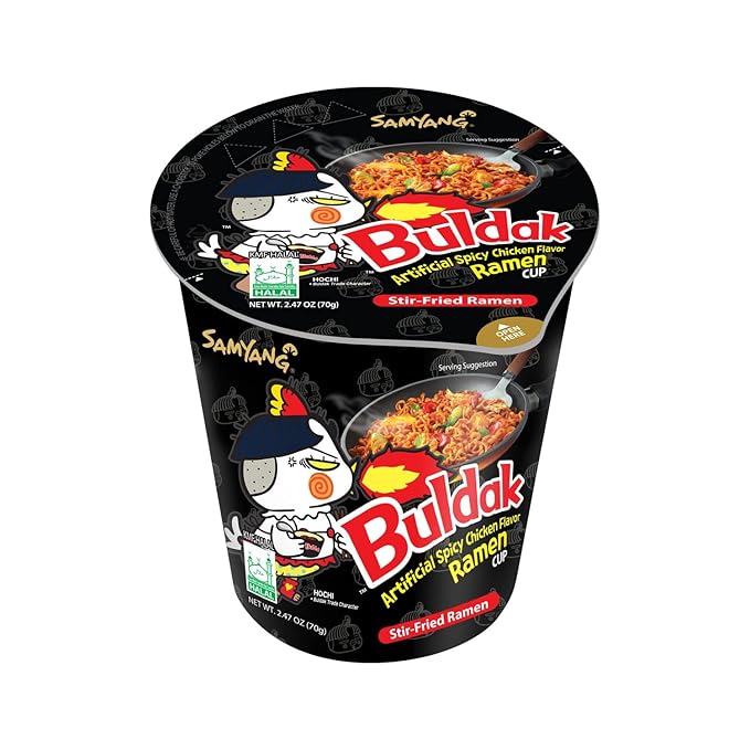 W&E Mart Ramen, Buldak Hot Spicy Chicken Ramen Noodle, Korean Stir-Fried, Original Flavor, Pack of 6 cups