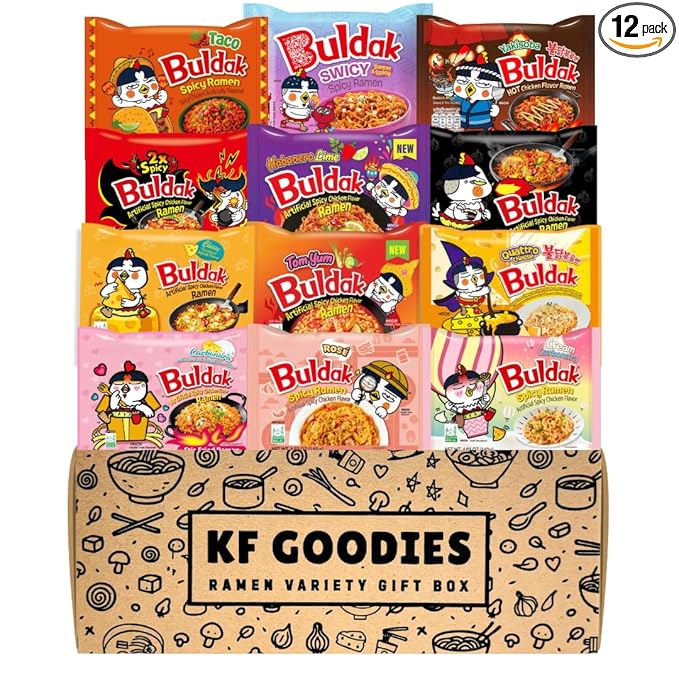 KF GOODIES Korean Ramen Variety Pack Gift Box (12 Count) - Spicy Buldak Noodle Assortment for Birthdays, College Care Packages, Office Snacks and Gifts