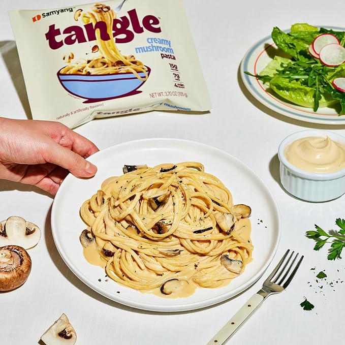 Samyang Tangle Creamy Mushroom Linguine Truffle and Shiitake Flavor Savory Non-Spicy Sauce Air Dried Noodle Easy Cook Pasta 3.63 oz (Pack of 4)