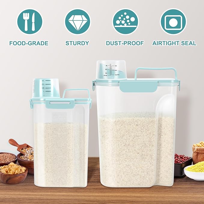TBMax 2 Pack Airtight Rice Container 5 Lbs +10 Lbs, Cereal Container Oatmeal Storage with Easy-pouring Spout & Handy Cup for Flour Grain Beans, Pet Dog Cat Bird Food Storage Dispenser -Sky Blue