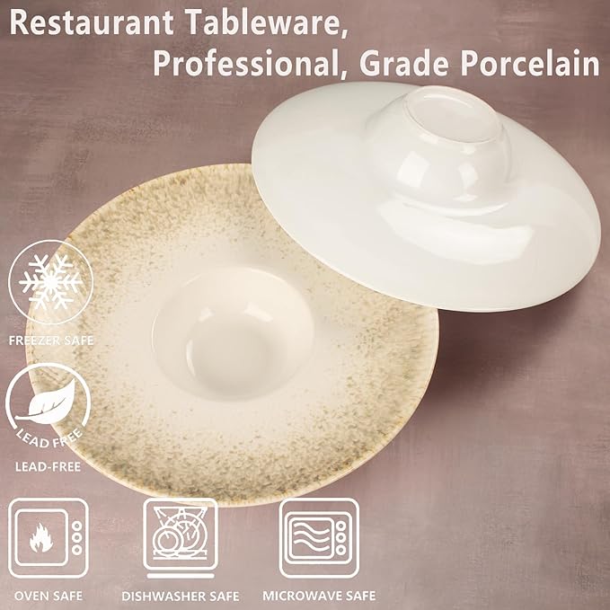 Soup Bowls, Soup Plates, 7.1 oz,Porcelain Pasta Bowl Set of 4, Wide edge Shallow Bowl Plates, Rimmed Bowls with Rim, Best choice for high-end restaurants and foodies,Gradient beige11.6Inch