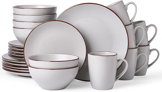 Famiware Venus 24-Piece Stoneware Dinnerware Sets with Mugs, Plates, Bowls, Service for 6, Matte Light Gray - Modern Ceramic Chip‑Resistant Dishes for Everyday & Formal, Microwave & Dishwasher Safe