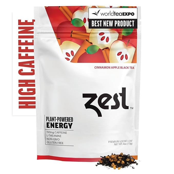 Zest Energy Tea - Cinnamon Apple Spice High Caffeine Black Tea Loose Leaf Blend - Caffeinated Coffee Altnernative/Substitute - Natural, Non-GMO & Keto Friendly - Hot or Iced - 50 Servings - 150mg Caf