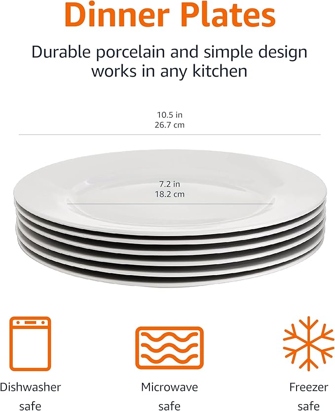 Amazon Basics 6-Piece White Dinner Plate Set, Microwave and Dishwasher Safe for Everyday Use, 10.5 inches (Pack of 2)