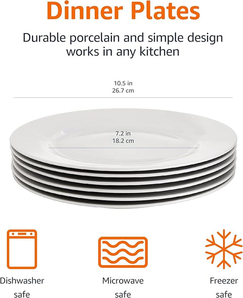 Amazon Basics 6-Piece White Dinner Plate Set, Microwave and Dishwasher Safe for Everyday Use, 10.5 inches (Pack of 2)