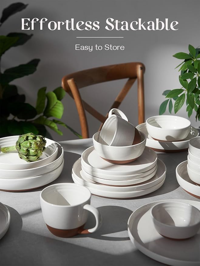 DOWAN 10.5" Large Dinner Plates Set of 6, High Edge Ceramic Plate - Microwave, Oven & Dishwasher Safe, Durable, Modern Dinnerware - Kitchen Porcelain Dish - Khaki White