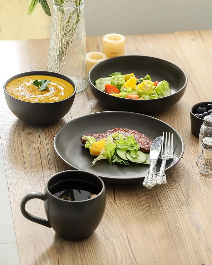 Ceramic Plate，10 Inch Dinner Plate, Black Plate Set of 6 for Steak, Noodle, Microwave Oven and Dishwasher Safe, Matte Black
